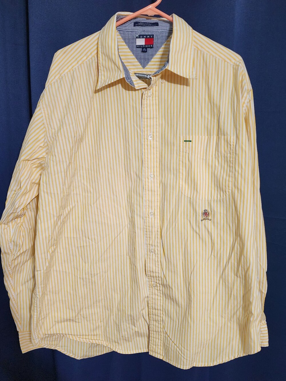Vintage Tommy Hilfiger Men's Yellow & White Striped Button-Down Shirt 90s